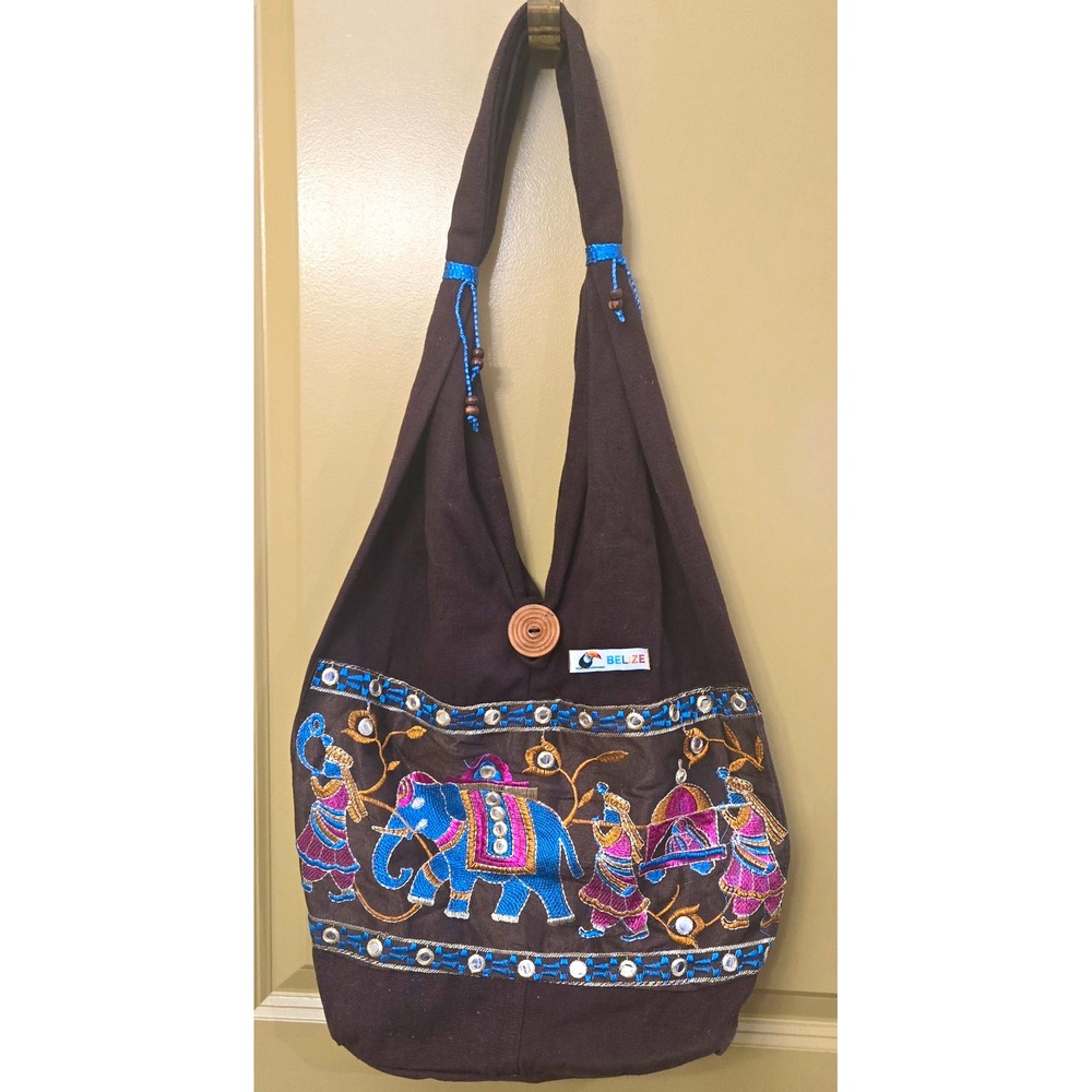 Vibrant Boho Embroidered Elephant Hobo Bag Belize Shoulder Purse Brown Cotton